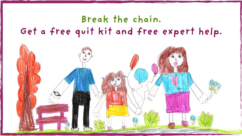 Child's drawing depicting two adults and two children holding hands, with a slogan "Break the chain. Get a free quit Kit and free expert help from Smokefree Hampshire." illustrated in colourful crayon.